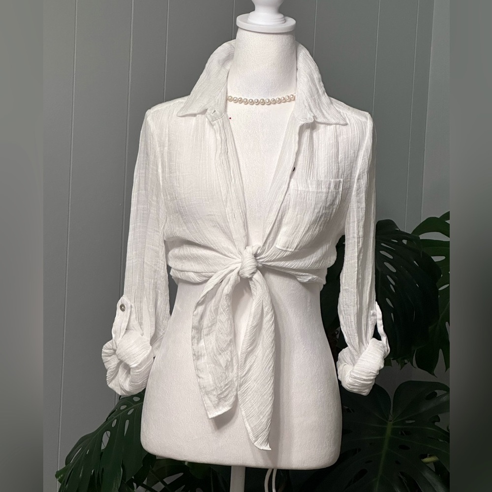 🛍️ New Directions sheer and high low button down shirt with roll up sleeve.